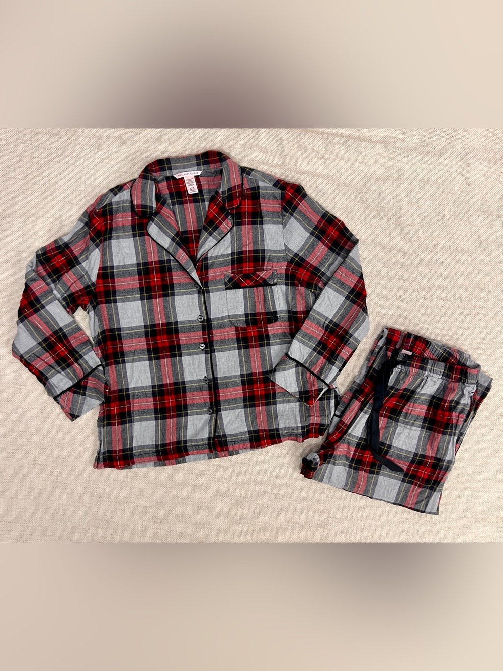 Victoria's Secret Flannel PJ Set S Short Gray Red Plaid Shimmer Holiday